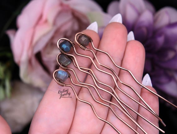 Copper Labradorite Medium Hair Pins – Handmade Crystal Hair Accessories for Styling and Updos- Rustic Wedding Hair Styles