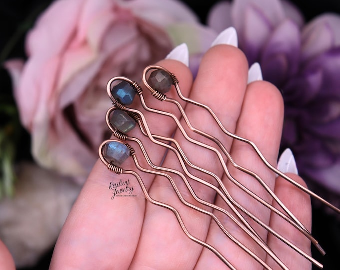 Copper Labradorite Hair Pins – Handmade Crystal Hair Accessories for Styling and Updos- Rustic Wedding Hair Styles