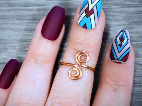 Hammered Copper Swirl Adjustable Ring - Knuckle Finger and Toe Rings