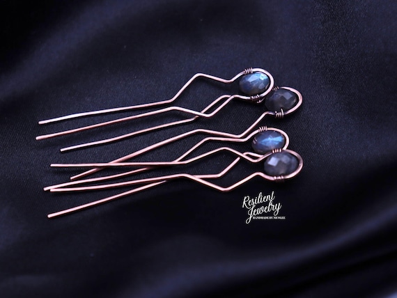 Labradorite Hair Pins -- Copper Wire Wrapped Crystal Bobby Pins