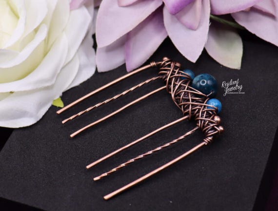 Blue Apatite Crystal Hair Comb: Copper Wire Wrapped, Handmade