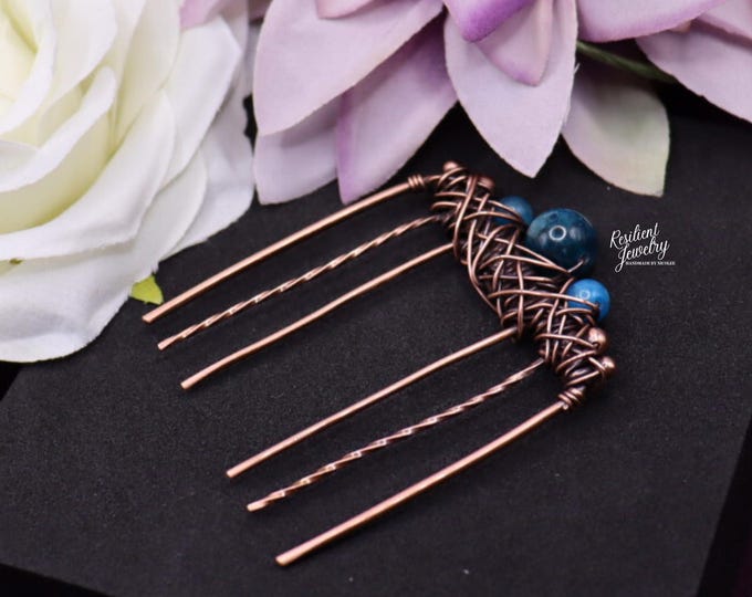 Blue Apatite Copper Wire Wrapped Comb - Decorative Hair Comb with Blue Crystals