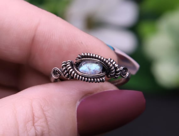 Handmade Rainbow Moonstone Ring – Darkened Sterling Silver Wire Wrapped