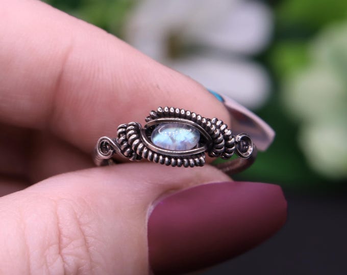 Sterling Silver Moonstone Ring- Rainbow Moonstone with Darkened Silver Wire Wrapped Crystal Ring- Thin Band Dainty Ring