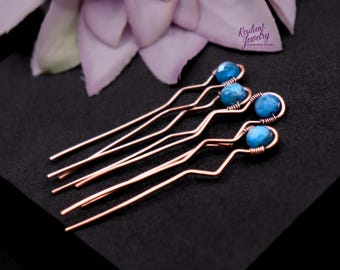 Blue Apatite Copper Mini Hair Pins- Small Crystal Hair Pins for Styling Up Dos - Braid and Bun Bobby Pins