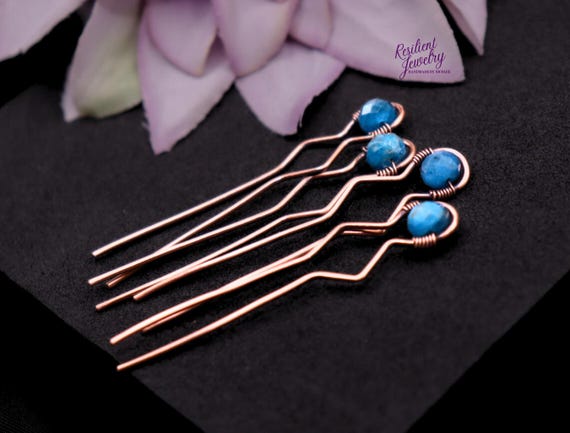 Blue Apatite Copper Hair Pins: Crystal Updo Bobby Pins