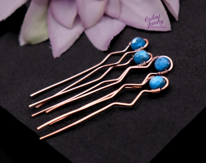 Blue Apatite Copper Mini Hair Pins- Small Crystal Hair Pins for Styling Up Dos - Braid and Bun Bobby Pins
