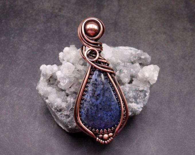 Dumortierite Copper Wire Wrapped Pendant- Blue and Black Crystal Jewelry - Rare Dumortierite Fancy Wrap