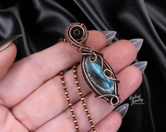 Blue Labradorite & Black Tourmaline Copper Wire Wrapped Pendant - Protection Talisman