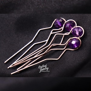 Amethyst Hair Pins- Rustic Copper Wire Wrapped Hair Accessories- Purple Crystal Hair Jewelry - Bridal Hair - Casual Up Do Hair Pin