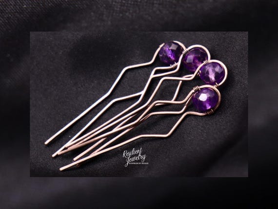 Amethyst Hair Pins - Rustic Copper Wire Wrapped Crystal Hair Jewelry