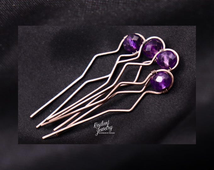 Amethyst Hair Pins- Rustic Copper Wire Wrapped Hair Accessories- Purple Crystal Hair Jewelry - Bridal Hair - Casual Up Do Hair Pin