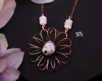Moonstone Daisy Copper Necklace -Handmade Crystal Floral Jewelry