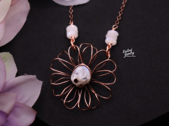Moonstone Daisy Copper Necklace -Handmade Crystal Floral Jewelry