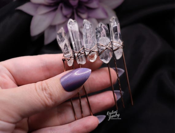 Copper Wire Wrapped Quartz Hair Comb: Raw Crystal Points