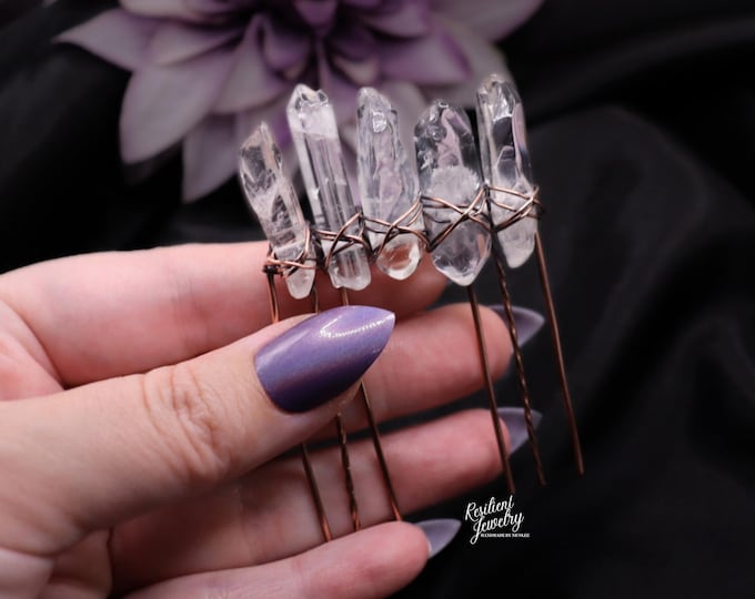 Copper Wire Wrapped Quartz Hair Comb: Raw Crystal Points