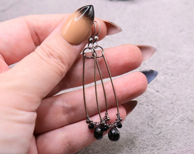 Black Onyx Teardrop Earrings- Black Sterling Silver Wire Wrapped Earrings with Onyx and Spinel- Darkened Silver Jewelry - Gothic Black Onyx