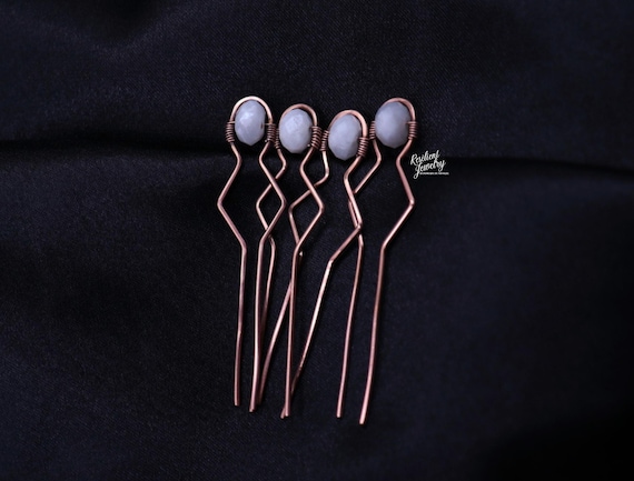 White Moonstone Crystal Hair Pins - Antique Copper Updo Accessories -