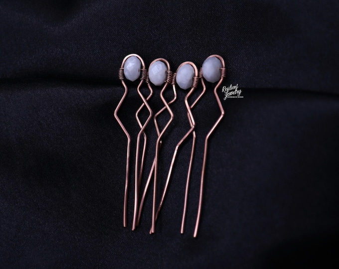 White Moonstone Crystal Hair Pins - Antique Copper Updo Accessories -