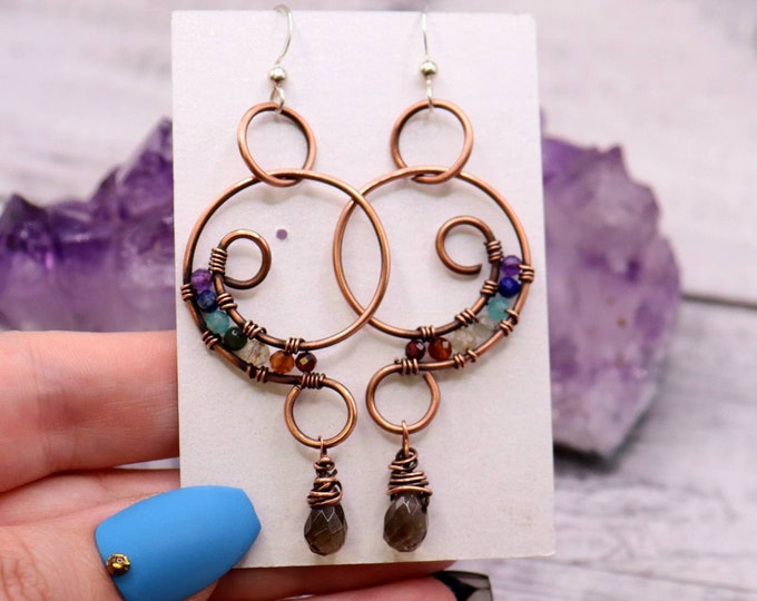 Chakra Smoky Quartz Drops Earrings - Wire Design Jewelry - Chakra Swoop and Swirl Earrings - Rainbow Crystal Hoops- Large Copper Hoops