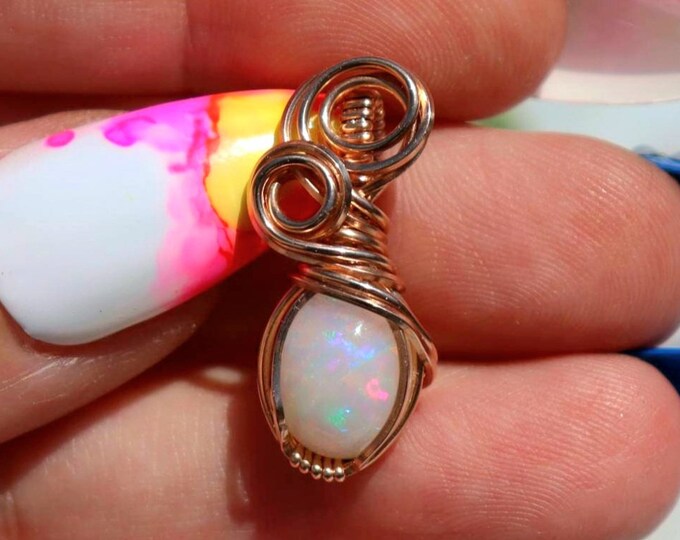 Pastel Rainbow Opal 14k  Rose Gold Necklace - Colorful Opal Pendant - October Birthstone - Rose Gold Wire Wrapped Jewelry - Pastel Crystals