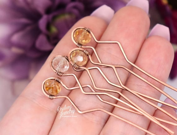 Citrine Copper Hair Pins: Wire Wrapped Crystal Bun Accessories