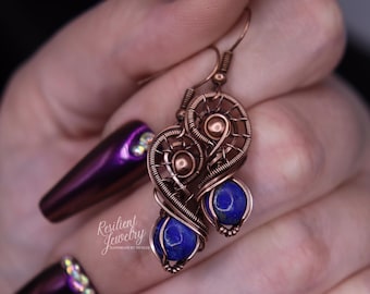 Lapis Lazuli Copper Wire Wrapped Earrings- Cute Intricate Wire Design Deep Blue Crystal Earrings
