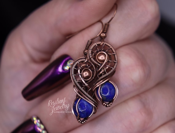 Handmade Lapis Lazuli Copper Earrings – Intricate Wire Wrapped Design