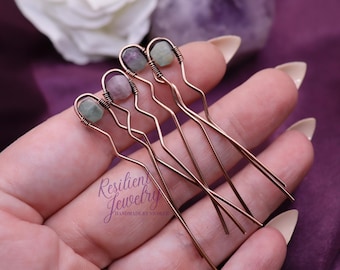 Fluorite Copper Mini Hair Pins – Raw Antiqued Copper with Genuine Faceted Fluorite Crystals – Unique Boho Hair Accessories