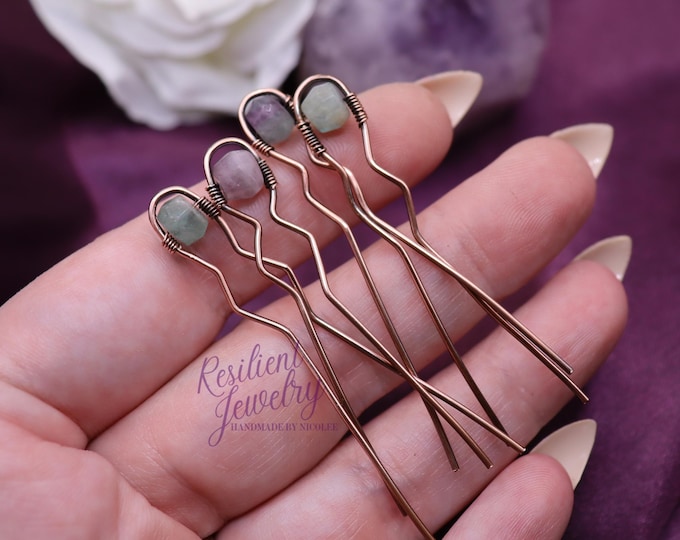 Fluorite Copper Mini Hair Pins – Raw Antiqued Copper with Genuine Faceted Fluorite Crystals – Unique Boho Hair Accessories