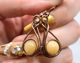Yellow Jade Earrings - Copper Wire Wrapped Jade Earrings - Elegant Swirl - Bulky Statement Earrings