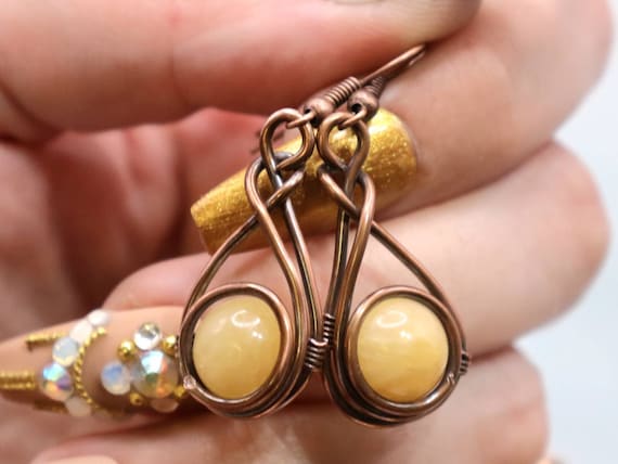 Yellow Jade Earrings – Copper Wire Wrapped Elegant Swirl Statement