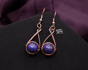 Lapis Lazuli Copper Wire Wrapped Teardrop Earrings