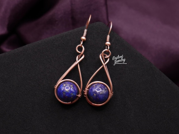 Lapis Lazuli Copper Wire Wrapped Teardrop Earrings