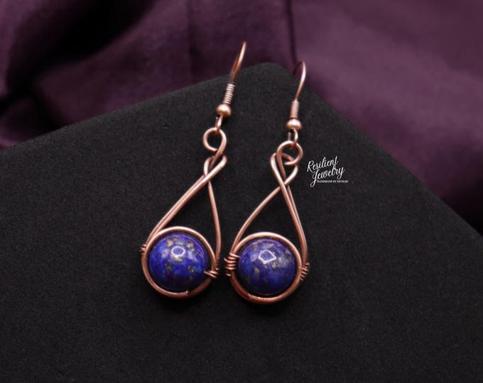 Lapis Lazuli Copper Wire Wrapped Teardrop Earrings
