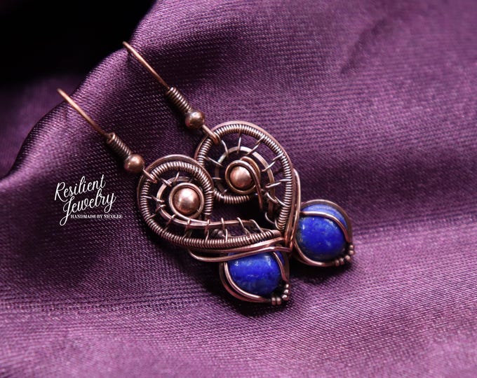 Lapis Lazuli Copper Wire Wrapped Earrings- Cute Intricate Wire Design Deep Blue Crystal Earrings