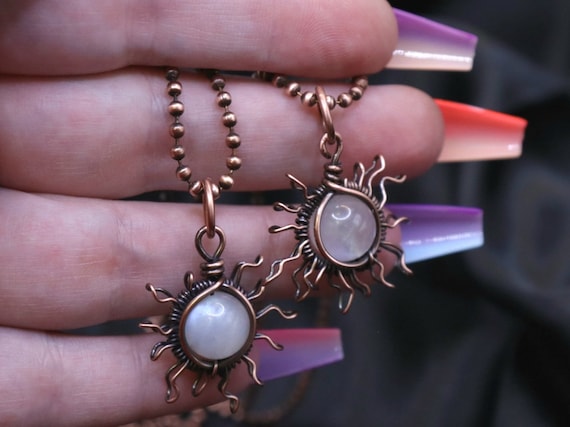 Copper Wire Wrapped Moonstone Sun Pendant Necklace