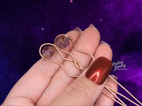 Hammered Copper Hair Pins - Super 7 Crystal Updo Pins (Set of 2)