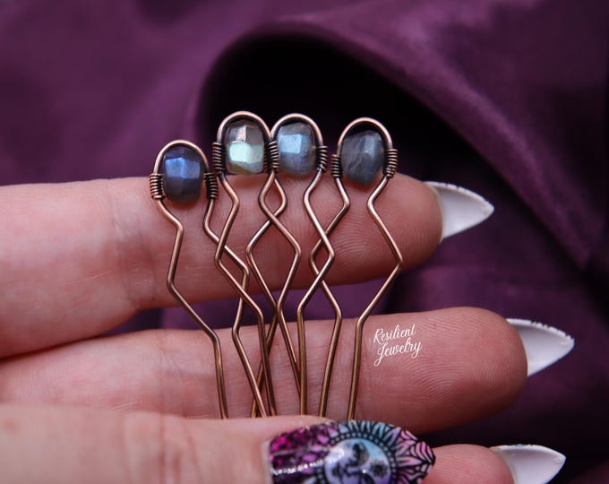 Mini Copper Labradorite Hair Pins – 2 inch Bun Pins for Updo Styles - Crystal Hair Accessories- Colorful Labradorite Hair Jewelry