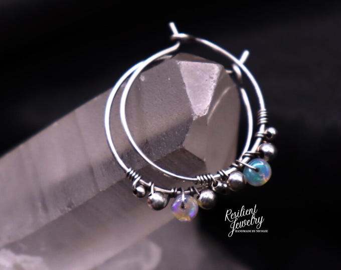 Opal Sterling Silver Hoop Earrings - 1 Inch - Handmade Gemstone Jewelry