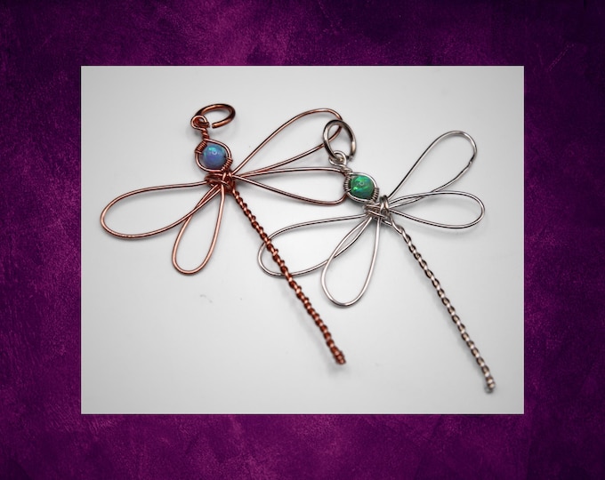 SMALL Colorful Opal Dragonfly Necklace in Silver or Copper