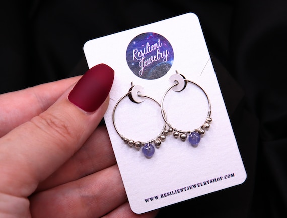 Handmade Tanzanite Sterling Silver Hoop Earrings - Dainty Gemstone Jewelry