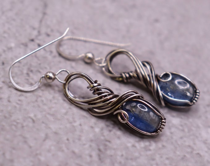 Blue Kyanite Wire Wrapped Silver Earrings - Antiqued Sterling Silver Blue Crystal Dangling Earrings with Sterling Silver Earhooks