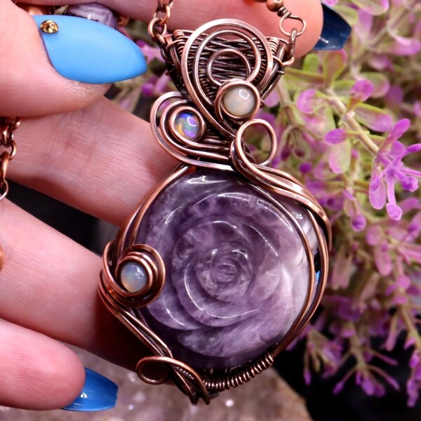 Chevron Amethyst Rose Copper Wire Wrapped Pendant with Handcrafted Chain- Purple Crystal Flower Carving Antique Copper Statement Necklace