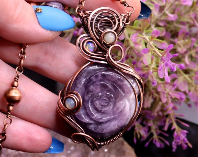 Chevron Amethyst Rose Copper Wire Wrapped Pendant with Handcrafted Chain- Purple Crystal Flower Carving Antique Copper Statement Necklace