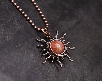 Summer Sun Necklace - Copper Wire Wrapped Sunstone Necklace - Summer Vacation Jewelry - Golden Crystal Necklace - Rays of Sunshine Jewelry