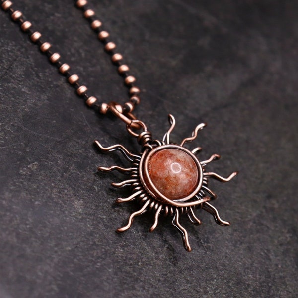 Summer Sun Necklace - Copper Wire Wrapped Sunstone Necklace - Summer Vacation Jewelry - Golden Crystal Necklace - Rays of Sunshine Jewelry