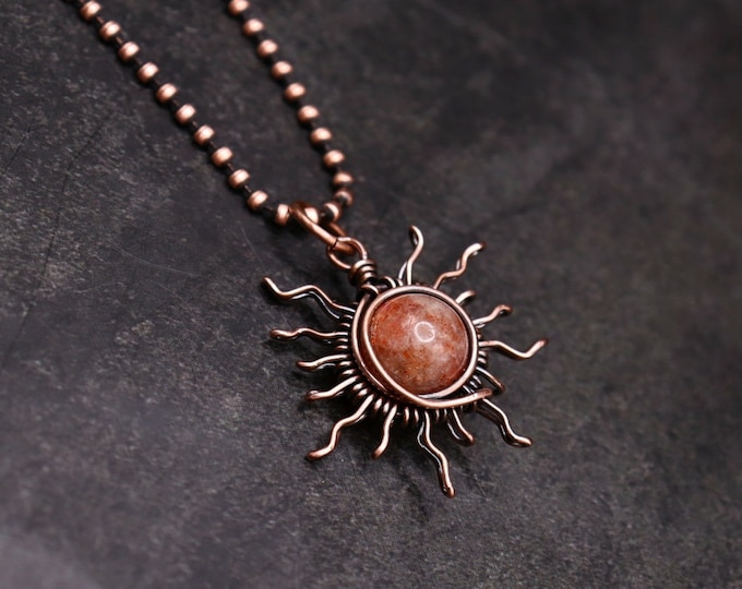 Summer Sun Necklace - Copper Wire Wrapped Sunstone Necklace - Summer Vacation Jewelry - Golden Crystal Necklace - Rays of Sunshine Jewelry