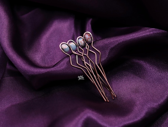 Blue Imperial Jasper Copper Hair Pins: Bohemian Hair Accessories
