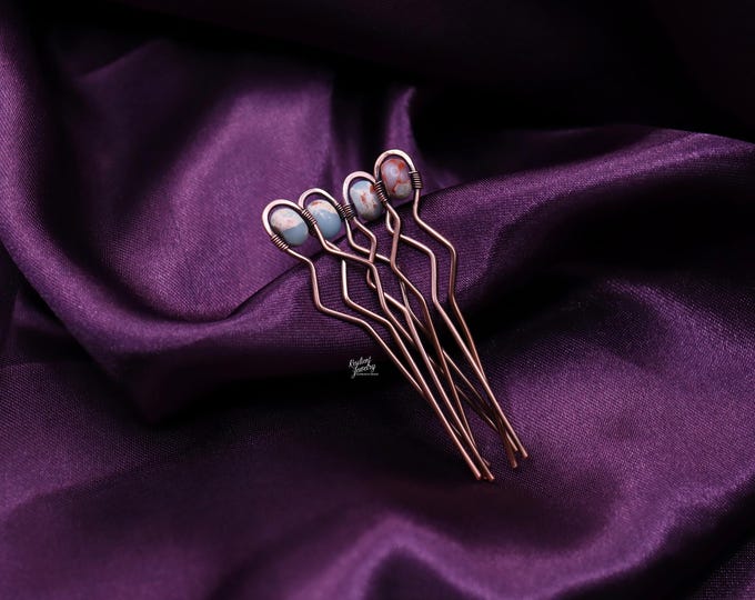 Blue Imperial Jasper Copper Hair Pins- Medium 3 inch Crystal Hair Pins- U shaped Bobby Pins- Sky Blue and Red Sea Sediment Jasper